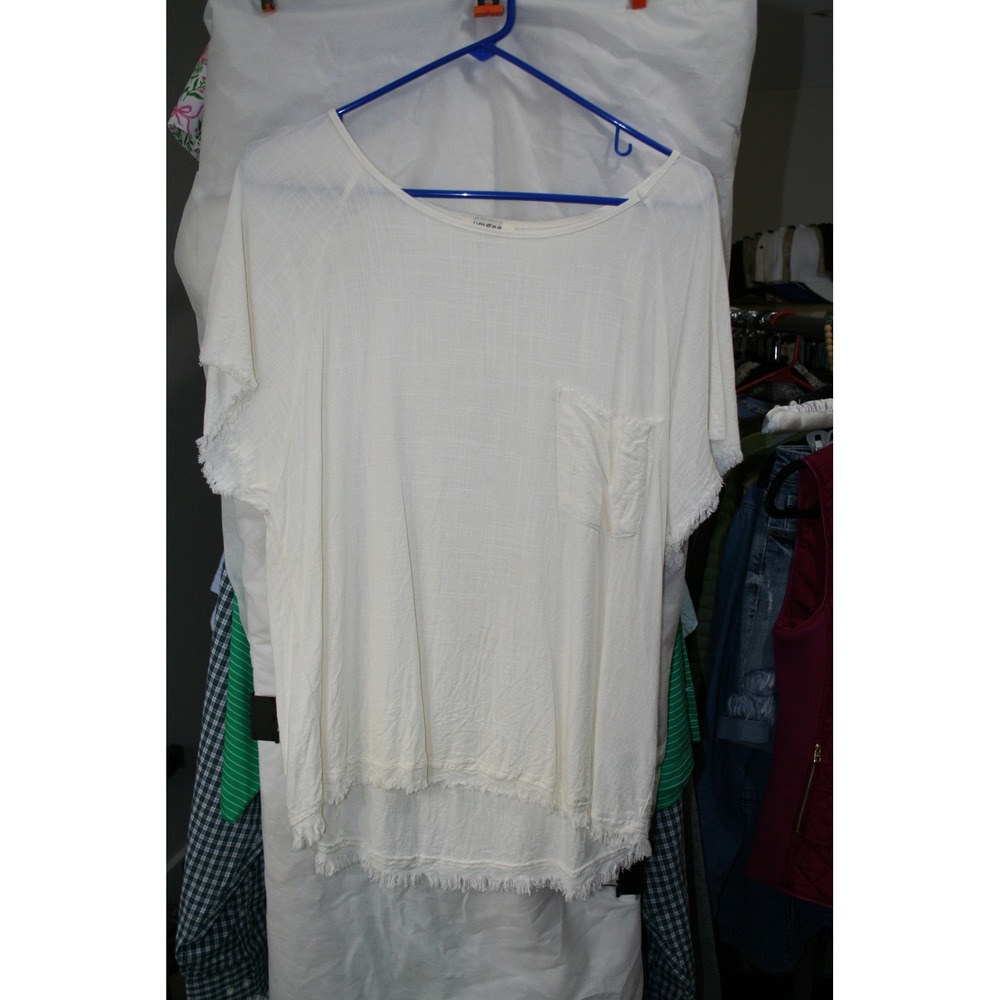 Umgee USA Womens White Linen Blend Frayed Hem Boho Pocket Top A6540 Small
